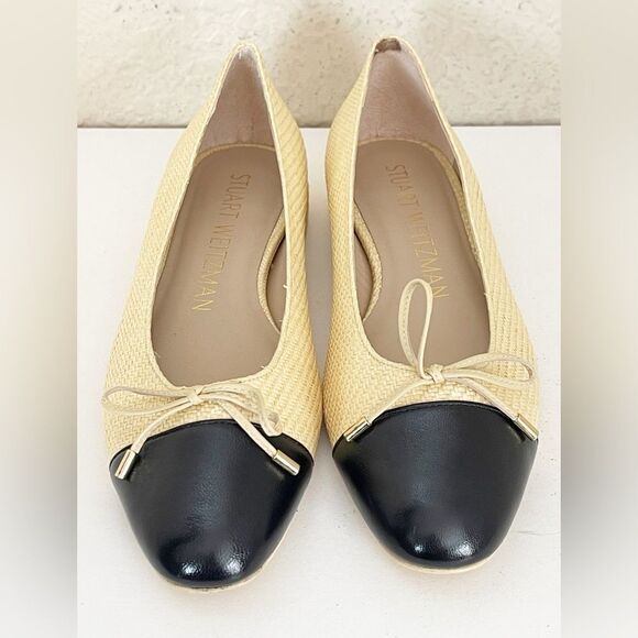 Stuart Weitzman Sleek Bow rounded toe black ballet Flats with natural raffia 8.5 - Picture 7 of 17